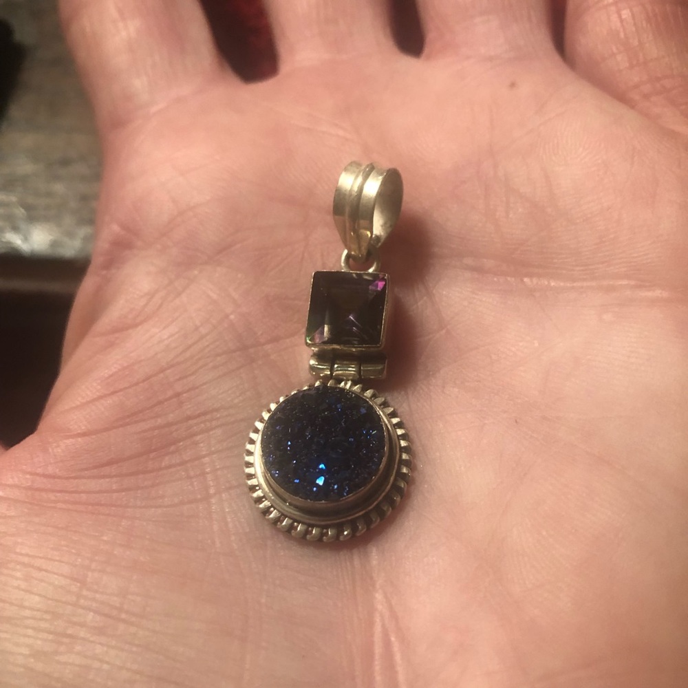 SS Blue Druzy Quartz And Mystic Topaz Pendant